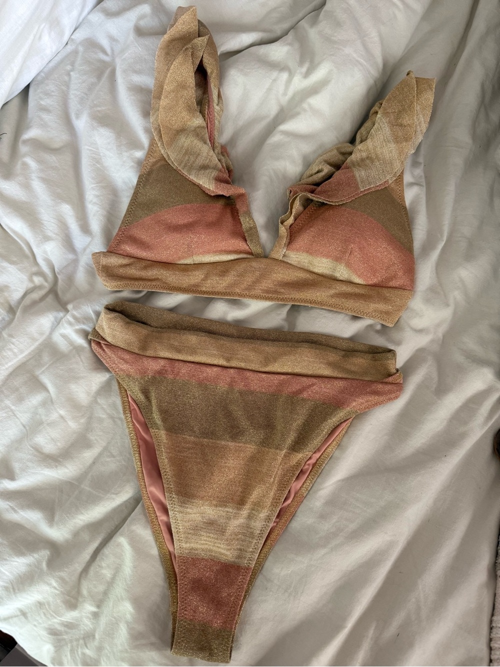 WET shimmer striped ruffle two-piece, size M top, size L bottom